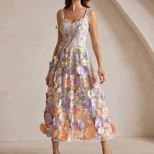 Pastel Floral Appliqué Midi Dress in Lavender & Peach